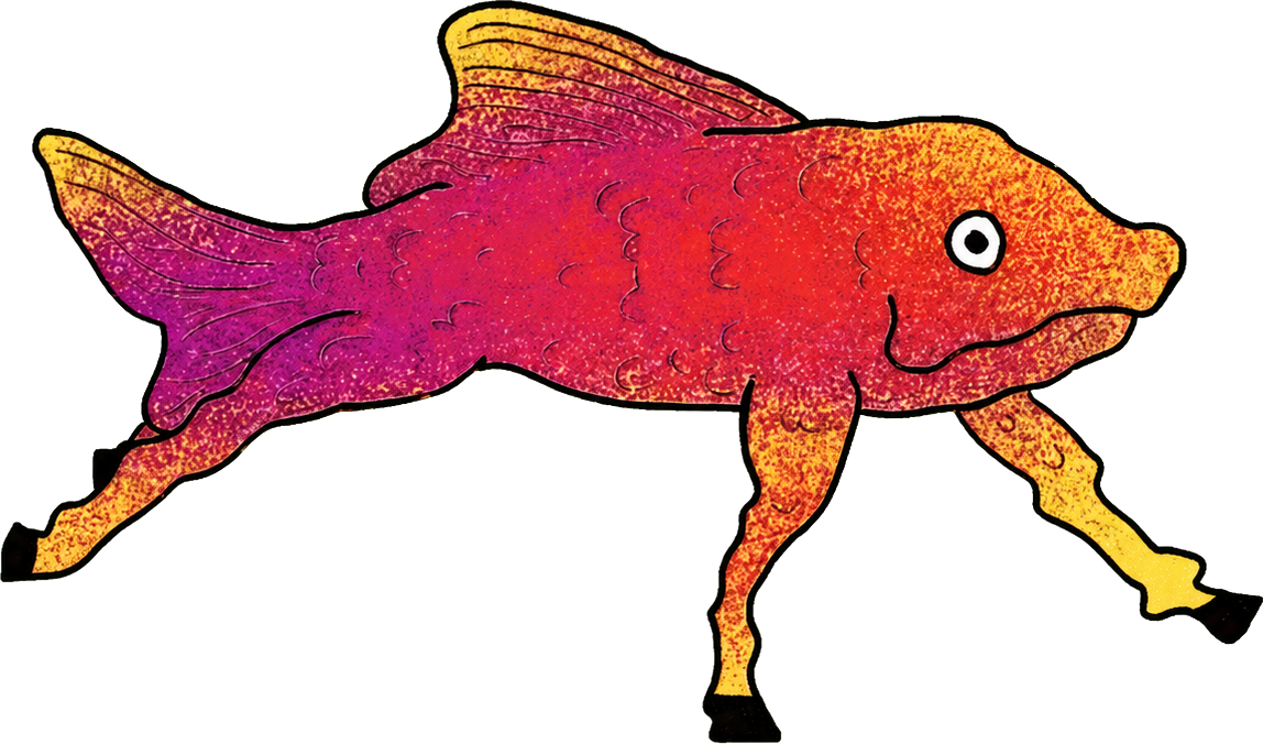 The $FISHHORSE, a goldfish with horse legs, mid-gallop
